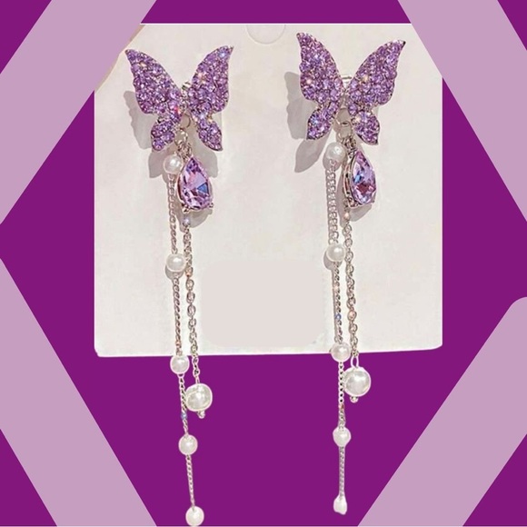 Rhinestone Pearl Butterfly Dangle Earrings - Picture 4 of 7